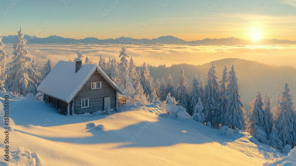 Fototapeta premium Snowy mountain chalet at sunrise