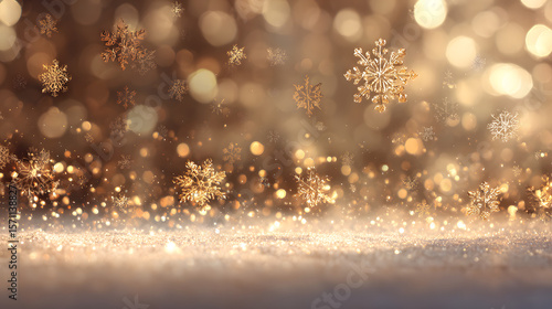 Holiday background with golden bokeh and snowflakes featuring a warm light glow Christmas ambiance and blurred decorative lights perfect for festive overlay