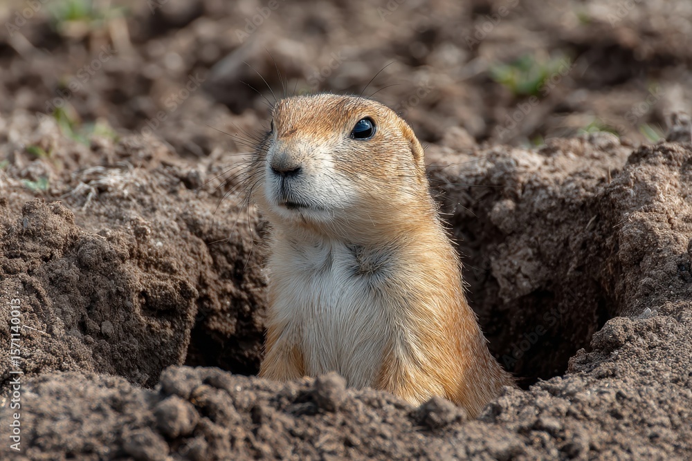 Naklejka premium Prairie dog pops its head out of a dirt burrow, alert. Perfect for nature articles, or wildlife conservation campaigns.