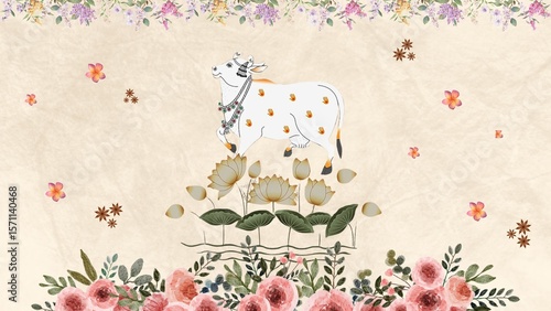background with flowers and butterflies with pichwai cow 