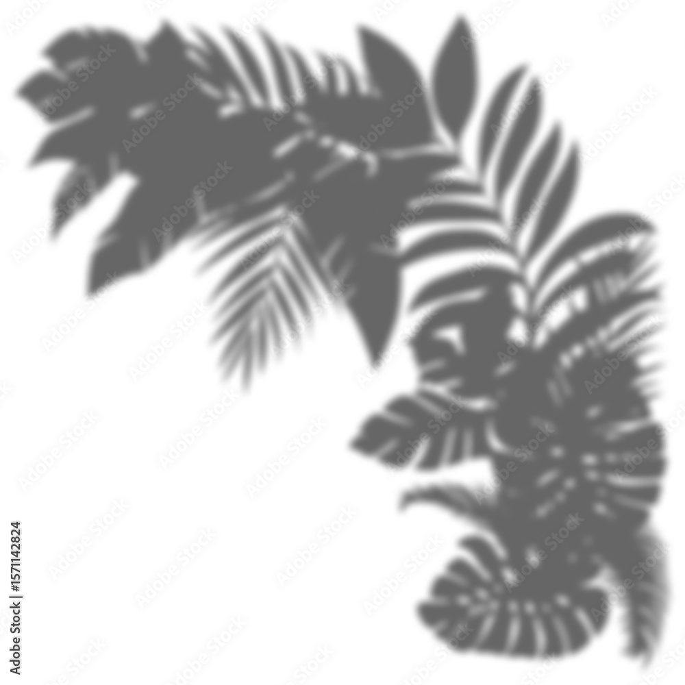 Naklejka premium Realistic branch leaf shadow overlay on transparent background, tropical foliage mockup for sunlight effect, natural plant silhouette for product presentation, summer vibe backdrop PNG