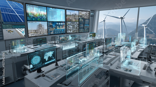 A futuristic smart grid control center displaying real-time data from a diverse energy mix