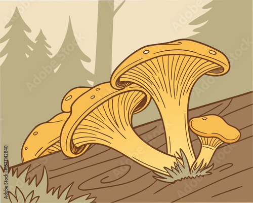 Close-up, photorealistic image of fresh chanterelle mushrooms in natural light. 