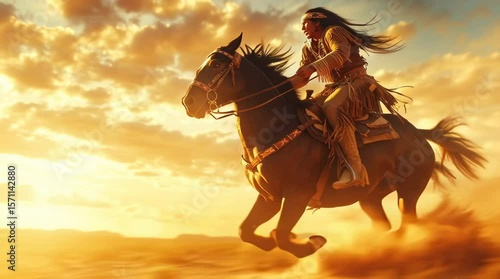 Close-up cinematic video of Native American warrior galloping through desert at sunset on horseback