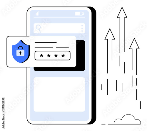 Mobile phone with password entry field, security shield icon for data protection. Arrows signify growth, advancement. Ideal for cybersecurity, data security, technology, business, development