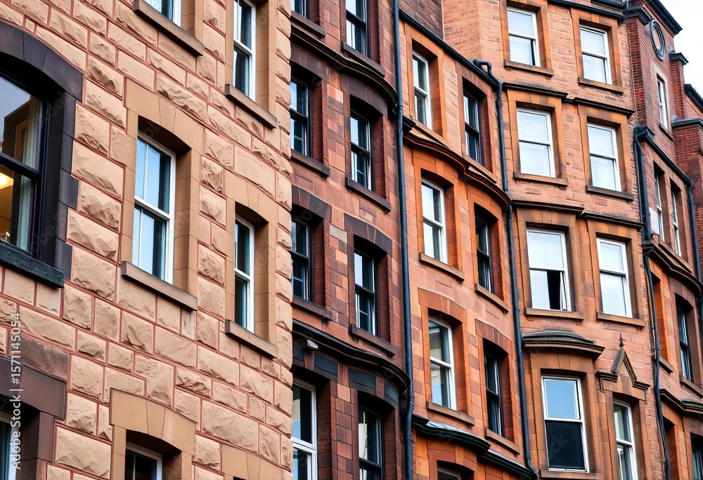 Fototapeta premium Close-up of traditional Glasgow tenement buildings, sandstone facades, close-set windows, residential, homes
