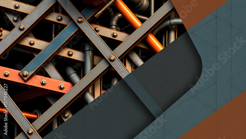 Industrial Grid: A close-up view of an intricate industrial grid composed of interconnected pipes and metal beams, forming a complex and visually striking abstract pattern.