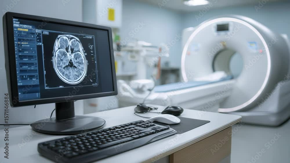 Hospital Imaging Room with MRI Machine and Monitors Displaying Scans ...