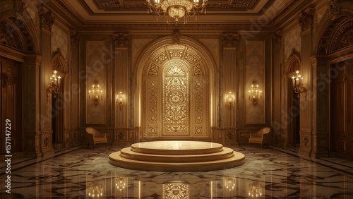 Luxurious opulent ballroom with gilded ornate details and a central stage