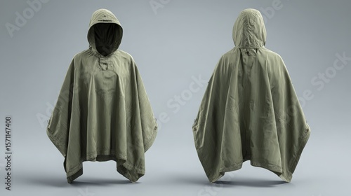 green drab waterproof poncho mockup with hood and side snaps, front and back views
