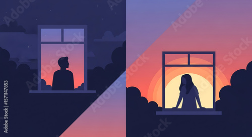 Window Reflections: Man and Woman at Sunset