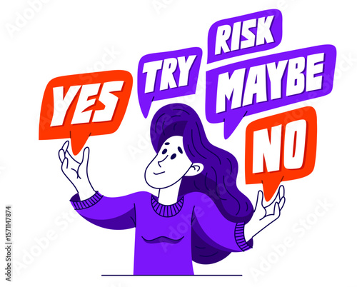 Young woman having a doubt and question, vector illustration of a person who is hesitating and thinking about some problem, decide uncertainty.