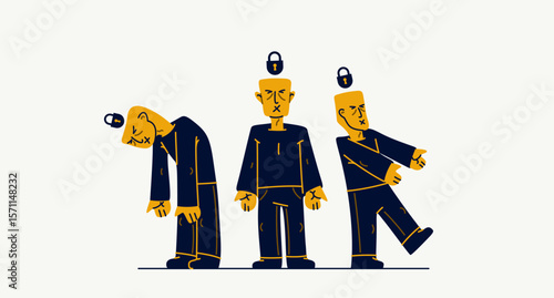 Social zombies vector concept, matrix and mind control, psychological dictatorship and totalitarian society and state, tyranny and restrictions, killing individuality.