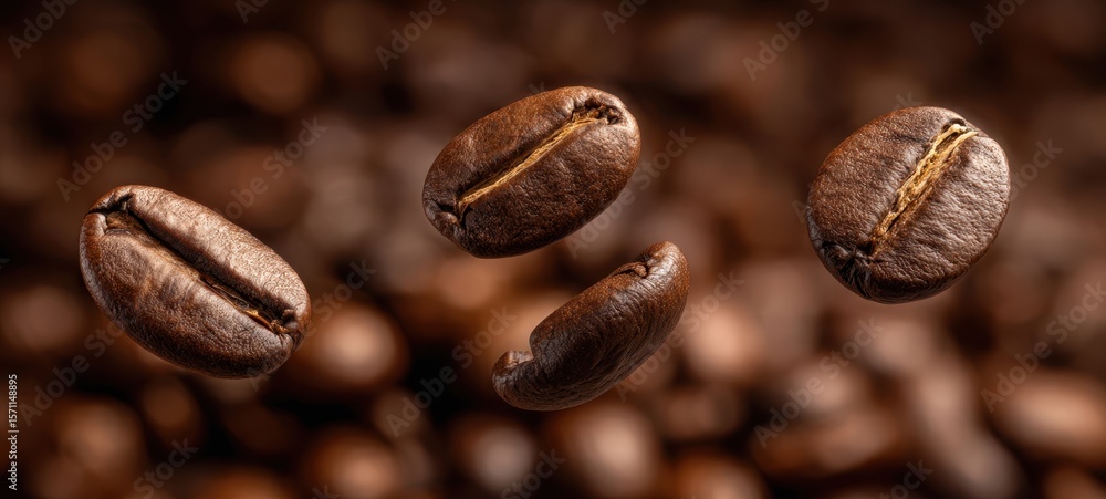 Fototapeta premium The floating coffee beans creating a captivating culinary still life scenario.