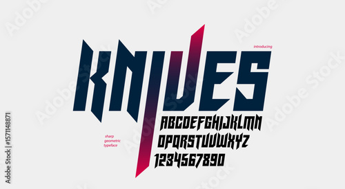 Sharp and bold gothic font for logo creation of for headlines, edgy geometric modern vector italic typeface, heavy metal and hard rock style alphabet with numbers.