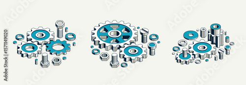 Mechanical engineering concept set, gears and cogs composition isometric 3D vector illustration, cogwheels system technology and technics machinery engine.