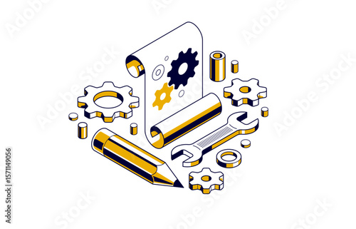 Mechanical engineering project in embodiment implementation concept, engine draft plan drawing and work progress, paper sheet with gears, tools and pencil 3D isometric vector illustration.