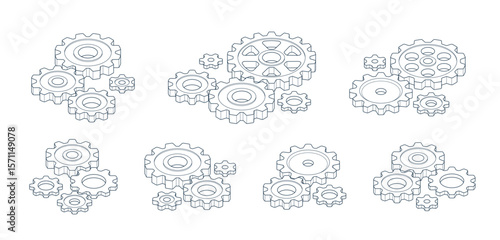 Engineer education concept set, gears and cogs composition isometric 3D vector illustration, study science in university, engineering learning.
