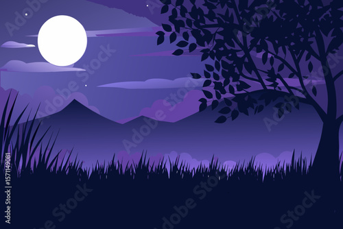 Peaceful Night Landscape with Full Moon Silhouette Tree Grass and Mountains in Shades of Purple and Blue Tones