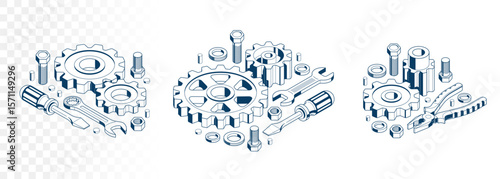Repair and maintenance concept set, technics service, gears and tools in 3D isometric projection vector illustration, technical mechanical workshop.