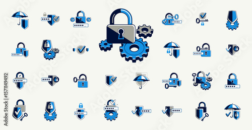 Safety and security vector detailed icons set, account privacy and antivirus, protected personal data cybersecurity.
