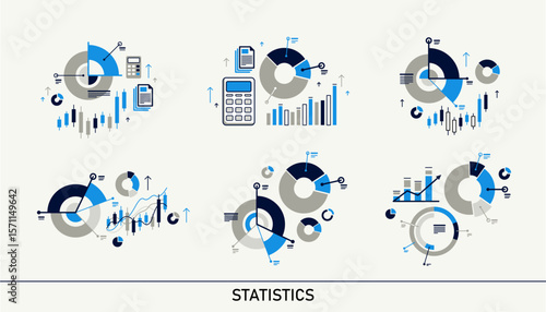 Abstract statistics infographics vector set, market trade diagrams and charts, data analysis report, presentation.