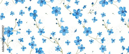 Delicate blue floral pattern, repeating seamlessly on white background,  print,  vintage