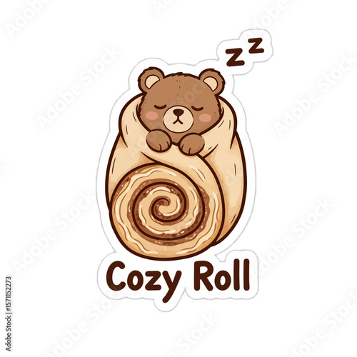 Cute cartoon bear sleeping inside a cinnamon roll, a cozy food-themed design.