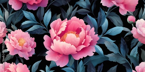 Fototapeta Naklejka Na Ścianę i Meble -  Vibrant pink peonies with dark foliage background