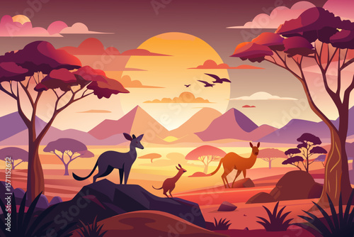Stylized Illustration of Kangaroos in the Australian Outback at Sunset with Mountains and Trees in a Warm Color Palette