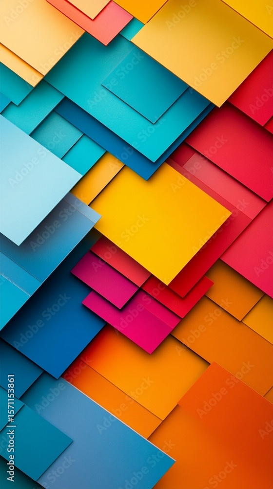 Dynamic geometric composition of overlapping rectangular shapes in vibrant blue, yellow, red, orange, and teal colors creating a modern abstract digital art background Dynamic geometric composition of overlapping rectangular shapes in vibrant blue, yellow, red, orange, and teal colors creating a modern abstract digital art background