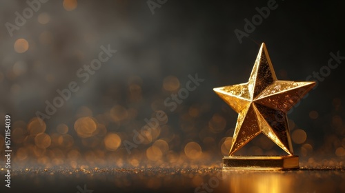 Elegant golden star award resting on a mysterious dark background enhanced with enchanting bokeh effects symbolizing outstanding achievement and inspiration.