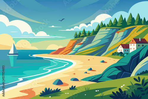 Colorful Coastal Landscape with Cliffside Homes and Sailboat