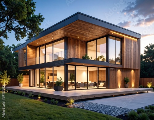 A luxury villa with warm outdoor ceiling lights on covered terrace and infinity pool