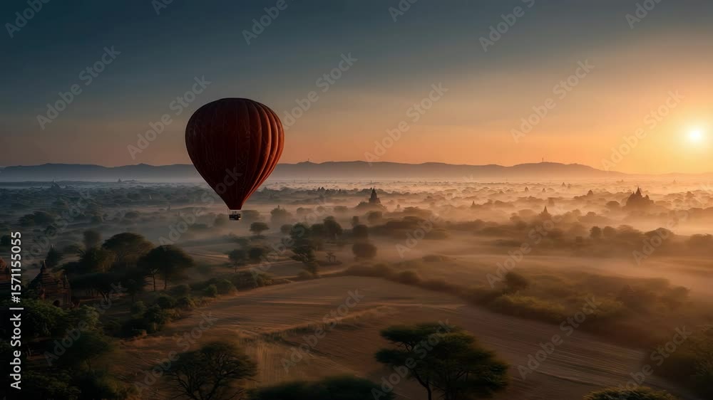 Hot air balloon floating over a misty landscape during sunrise with warm golden light Hot air balloon floating over a misty landscape during sunrise with warm golden light