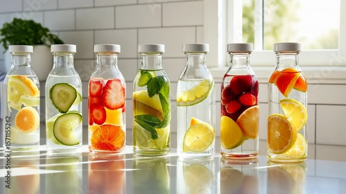 Assorted glass bottles filled with cucumber, citrus, strawberry, and herb infused water arranged on a sunlit kitchen countertop