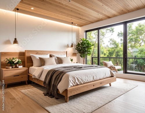 A modern guest bedroom with indirect ceiling lights, neutral bedding, and warm wooden 