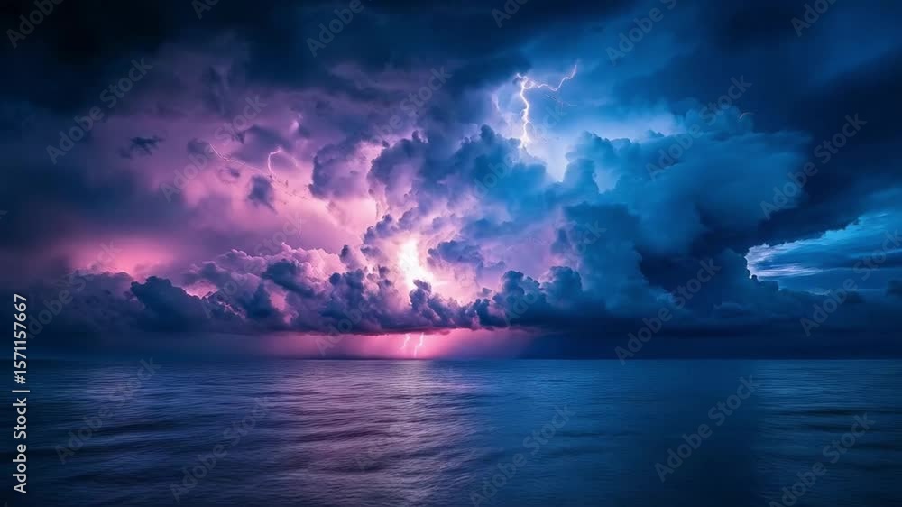 Dramatic Lightning Storm Over Ocean Horizon with Vivid Purple Sky Dramatic Lightning Storm Over Ocean Horizon with Vivid Purple Sky