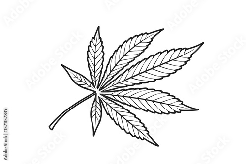 Black and white outline drawing of a cannabis leaf isolated on white background.