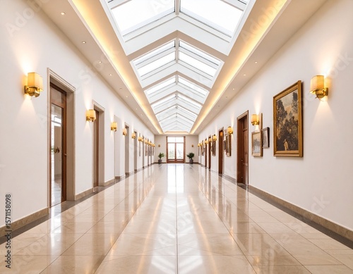 Wallpaper Mural A bright corridor with skylights, warm ceiling spotlights, and art on the walls Torontodigital.ca