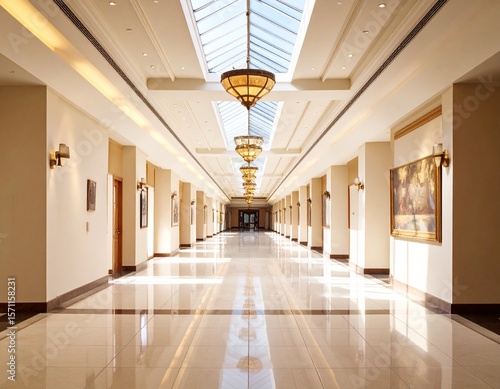 A bright corridor with skylights  warm ceiling spotlights  and art on the walls