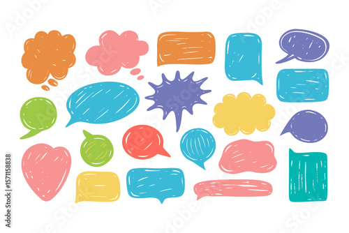 
Colorful hand drawn speech bubbles collection. Doodle chat icons collection for communication, social media, or messaging design vector illustration.