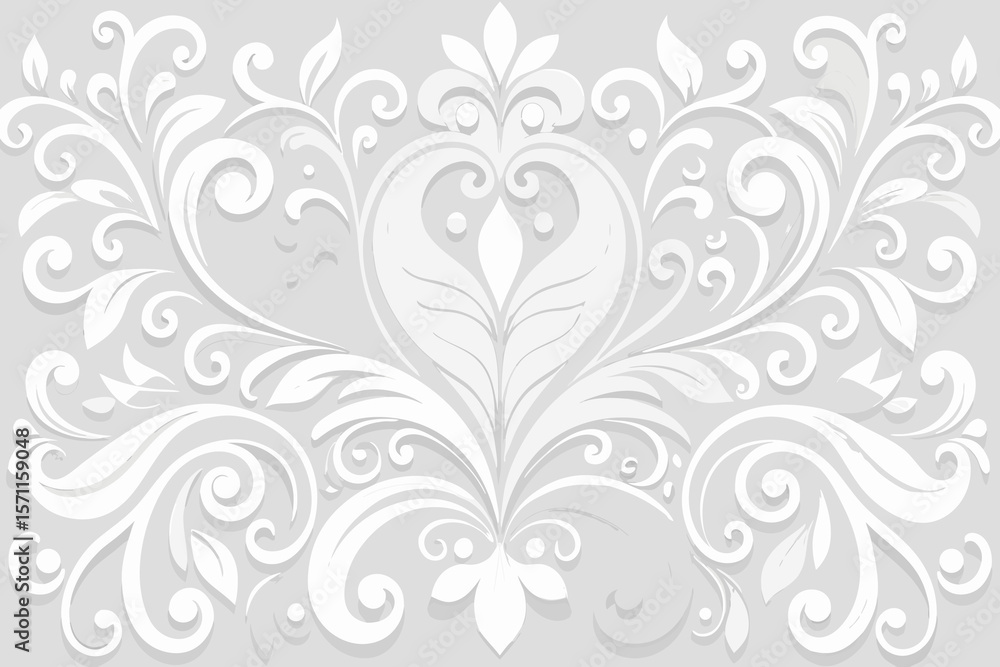 Elegant White Floral Ornament with Swirls and Leaves on a Light Gray Background for Decoration and Design Projects Elegant White Floral Ornament with Swirls and Leaves on a Light Gray Background for Decoration and Design Projects