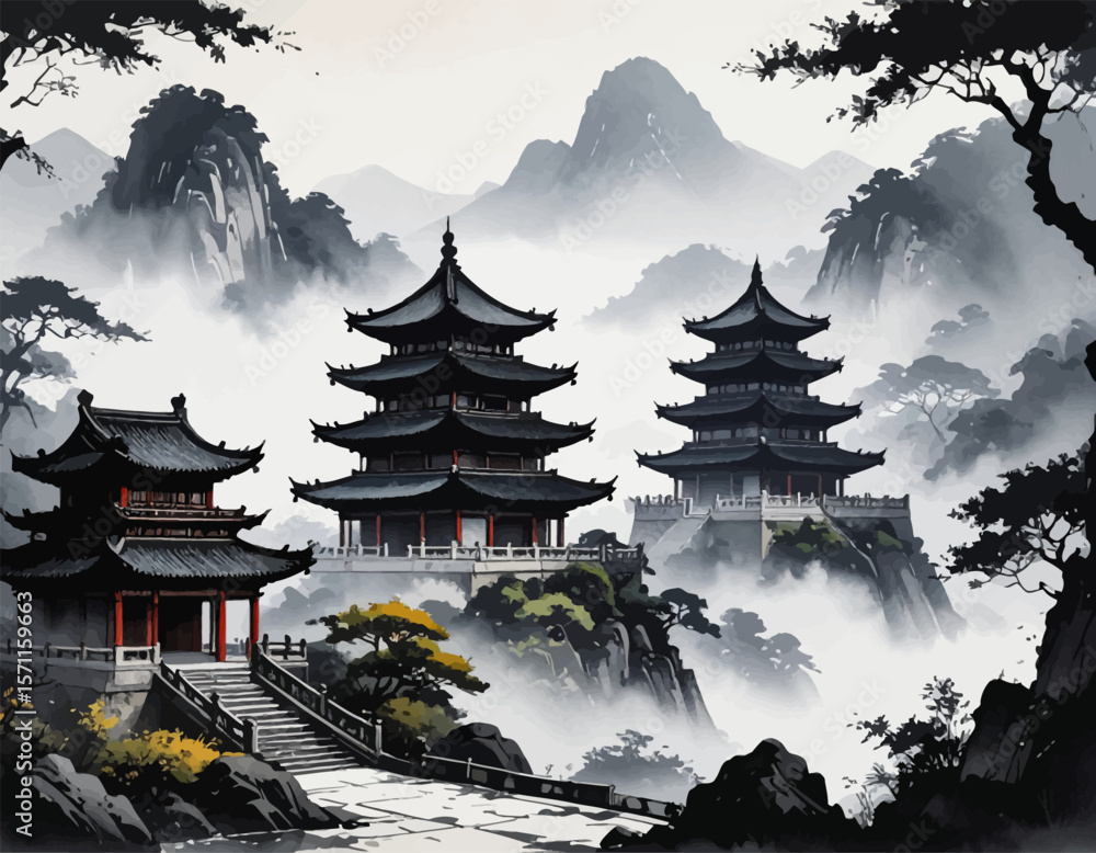 Obraz premium Timeless temple in foggy peaks. Chinese brush painting of nature. Temple in silent mountain mist. Eastern landscape in black ink. Temple silhouettes in mountains
