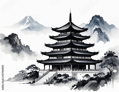 Ink style Asian mountain pagoda. Chinese temple art in misty hills. Black ink pagoda in mountains. Monochrome Chinese landscape. Traditional Asian temple artwork