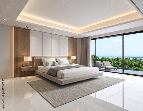 A luxury bedroom with a floating bed, indirect LED ceiling lighting, marble side