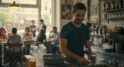 Man washing a glass behind the counter of a trendy café, blurred customers in the background