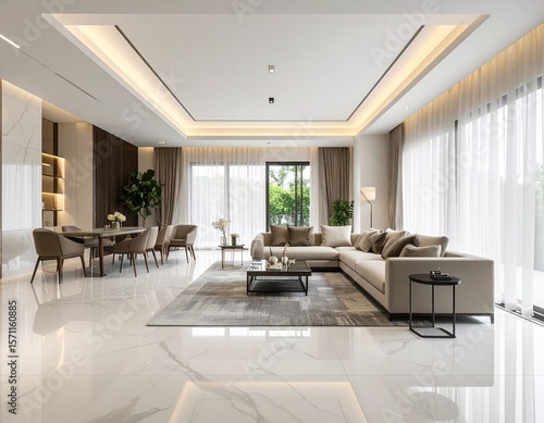 A minimalist luxury living room with marble flooring, elegant ceiling cove lighting