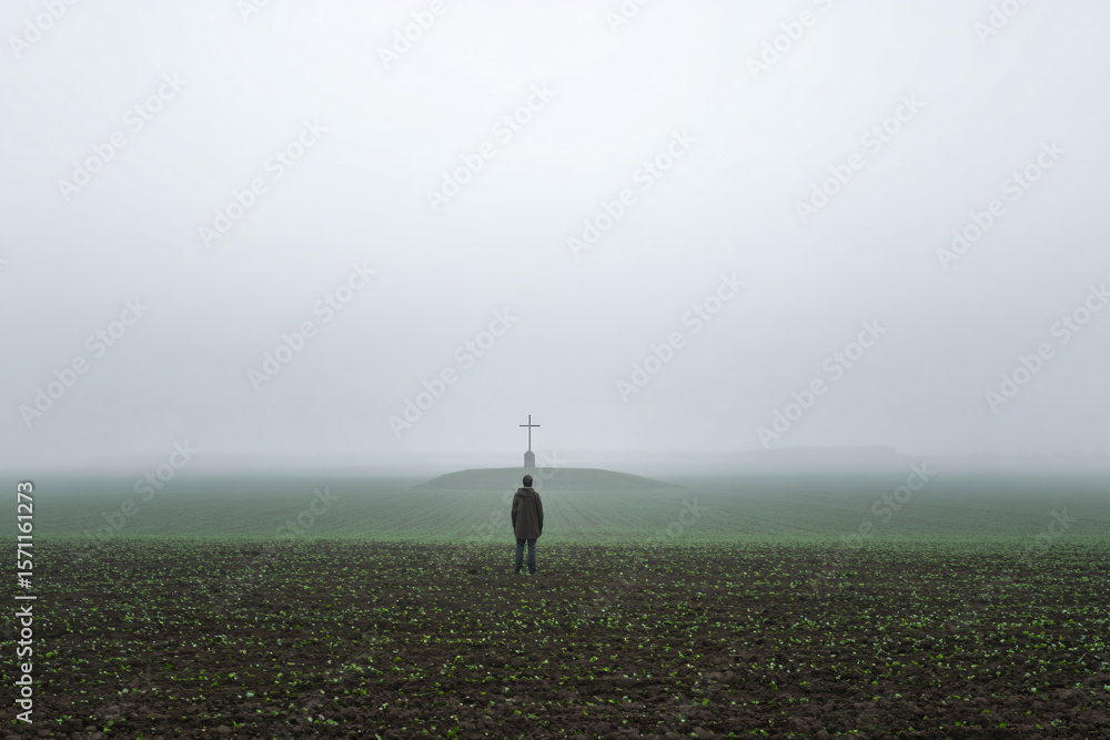 Fototapeta premium a person standing in a field with a cross on top of it