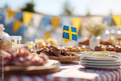 Colorful outdoor feast showcasing Swedish treats, decorated with